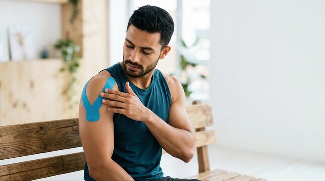 Man applying blue kinesiology tape to his shoulder muscle. Male athlete treating sports injury with physical therapy tape indoors