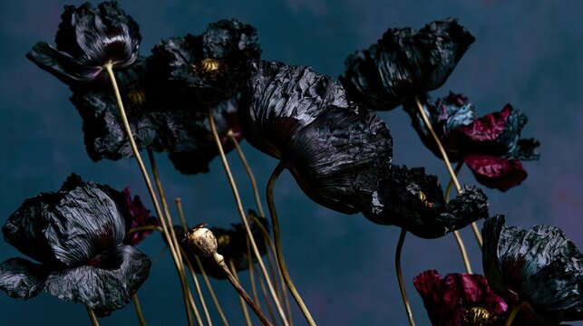 Dark charcoal grey poppy flowers blooming in a moody field for Memorial Day concepts, wildflower landscape editorial and artistic floral background with painterly texture