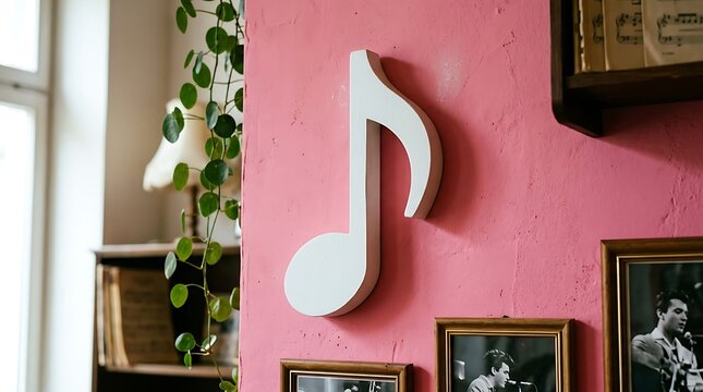 White music note sign on a pink wall in a cozy room isolated on white background