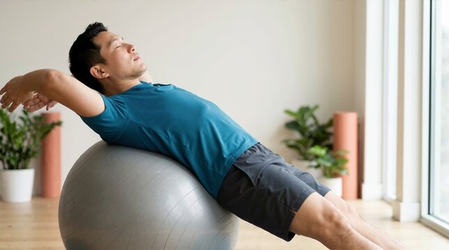 Man stretching his back on a grey exercise ball indoors. Male relaxing and improving flexibility with home fitness equipment
