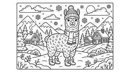 Cute llama in winter hat and scarf, coloring page for kids, snowy village background © saputri