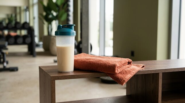 Protein shake in a plastic bottle and an orange towel on a gym bench. Sports nutrition and post-workout recovery concept. Fitness center interior
