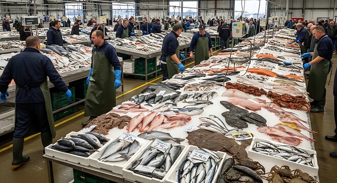 Busy indoor fish market with workers sorting fresh seafood on long tables.