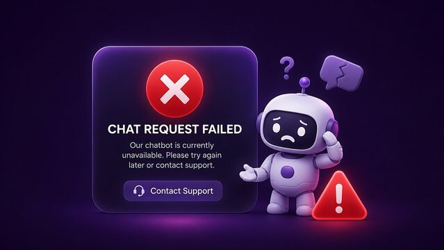 Chat request failed error message, cute sad 3D chatbot robot sitting near broken chat bubble symbol and warning sign
