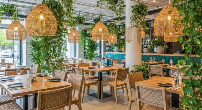 Modern boho restaurant interior featuring light brown wooden tables, woven chairs, hanging wicker pendant lamps, and lush green plants, indoor, atmosphere, architecture