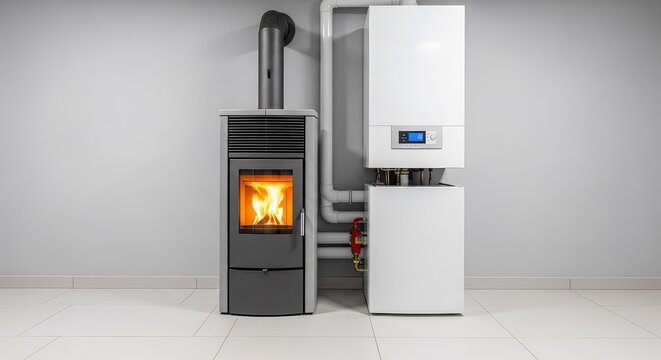 Modern energy efficient pellet stove connected to a central heating boiler inside a clean finished basement area for winter home warmth, pipework, appliance, fuel