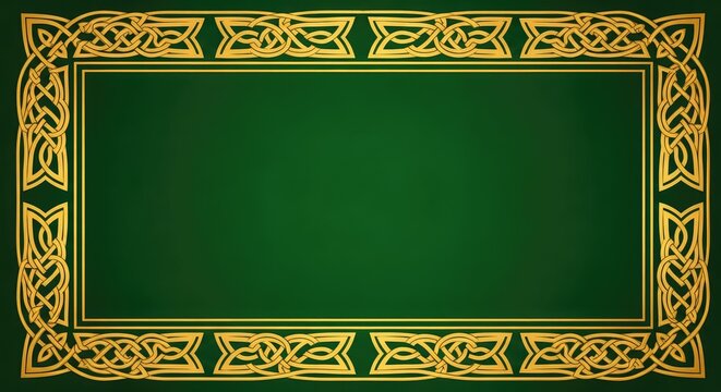 Ornate golden celtic knot border embellishing a luxurious green background with intricate line work and symmetrical weave designs, classic, traditional, braid