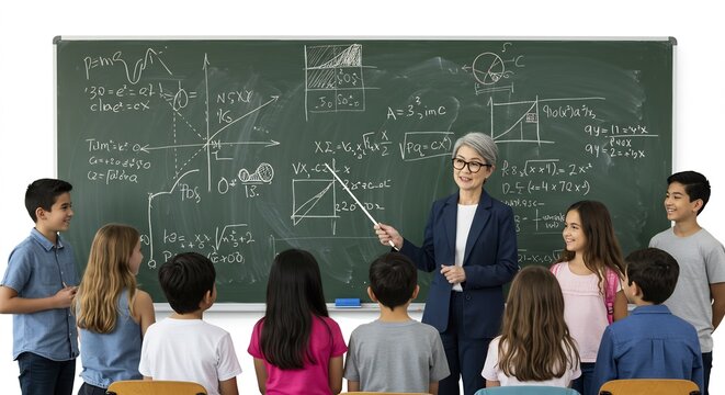親しみやすい経験豊かな女性教師が明るく活気あふれる教室で生徒たちに黒板の複雑な数学的問題を指し示し一つずつ丁寧に分かりやすく解説する熱心な教育風景生徒たちは皆真剣な表情で知識を熱心に吸収し深く理解する. AI Generated