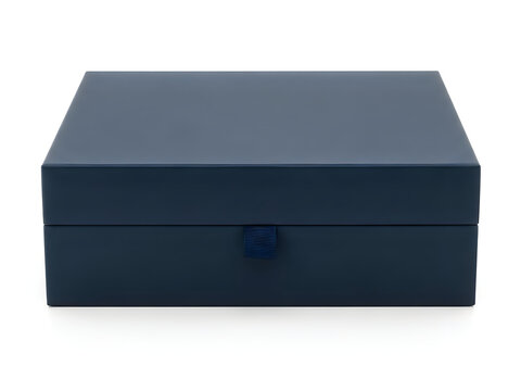 Closed dark blue luxury gift box with ribbon isolated on white background