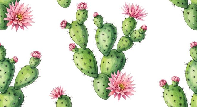 Seamless watercolor pattern featuring vibrant green cacti and delicate pink blooming flowers in an artistic abstract style on white, textile, pink, illustration