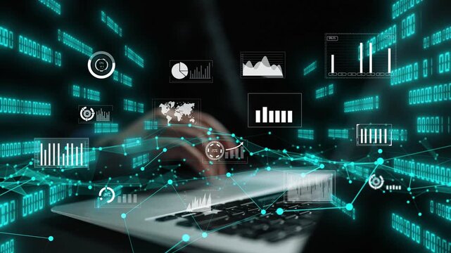 Visual representation of business analytics using graphs and charts floating above a laptop keyboard, showcasing modern data technology and digital insights. Xenic
