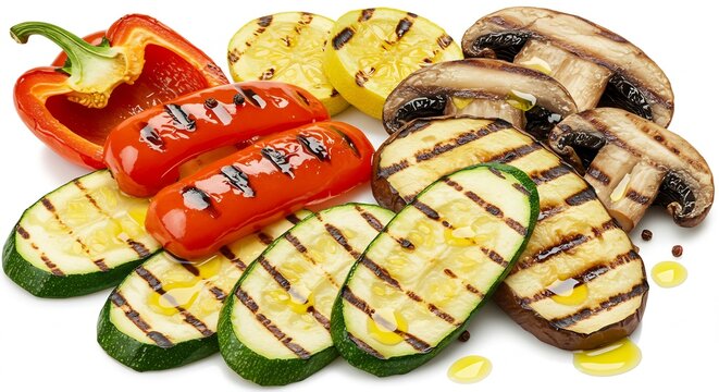 新鮮な食材を丁寧にグリルし明るいスタジオ照明で最高の輝きを放つ彩り豊かな焼き野菜の盛り合わせ香ばしい焼き目を纏った赤パプリカ黄色いズッキーニ緑のズッキーニ肉厚なマッシュルームが健康的で食欲をそそる一皿を鮮やかに演出. AI Generated