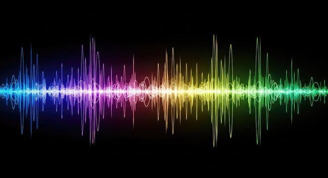 Vibrant neon sound waves ripple across a dark digital background. Dynamic glowing frequencies pulse with energetic light and rainbow hues, dark, signal, abstract