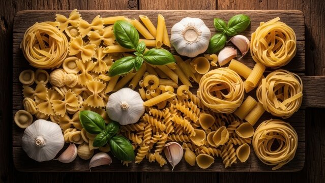 Assorted Dry Pasta Varieties with Garlic and Basil
