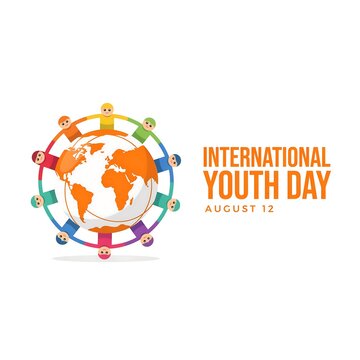 International youth day august 12 global community concept with diverse children holding hands around world