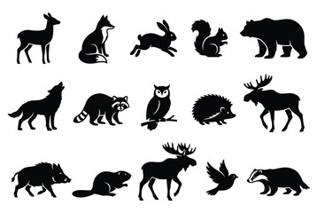 Fototapeta premium Set of forest animals silhouettes, wild woodland creatures, vector illustration