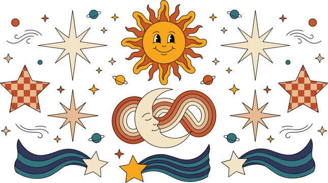 Whimsical Celestial Retro Style Illustration Set Featuring Sun Moon Stars Planets Waves and Decorative Cosmic Night Sky Elements