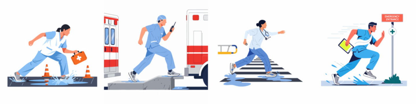 Set of illustrations of medical professionals running to emergency scenes, including doctors, nurses, and paramedics in blue scrubs with ambulances and medical equipment.