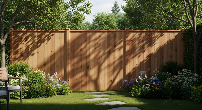 Peaceful backyard garden with wooden fence green lawn and flowering bushes
