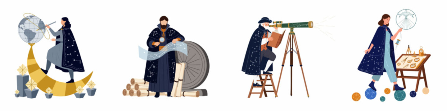 Flat illustration set of historical astronomers and scientists studying the stars, celestial globes, and using telescopes to explore the universe.
