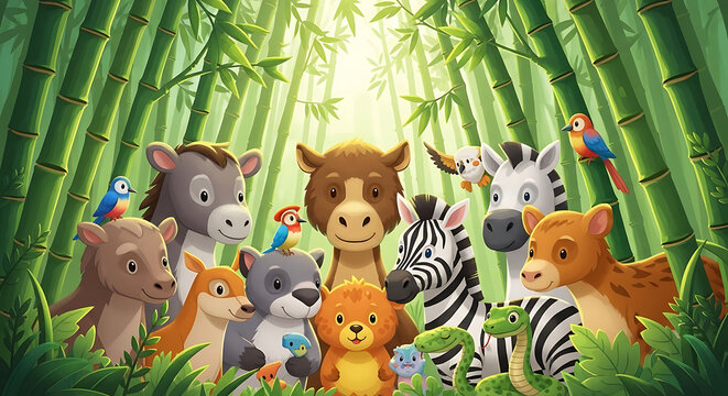 Cartoon animals gathered in a lush green bamboo forest with sunlight nature