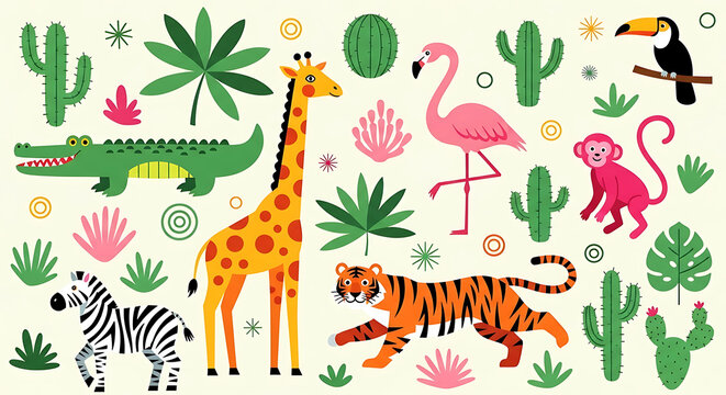 Cartoon jungle animals and tropical foliage flat