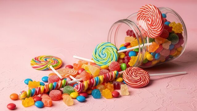 Assortment of Colorful Candies Spilling from a Glass Jar
