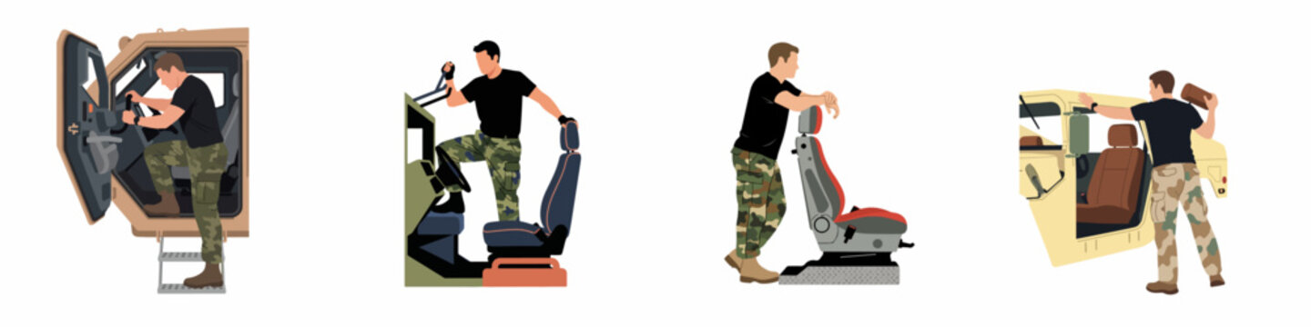 Set of vector illustrations showing a man in military attire entering, standing in, and leaning against various armored military vehicle components.