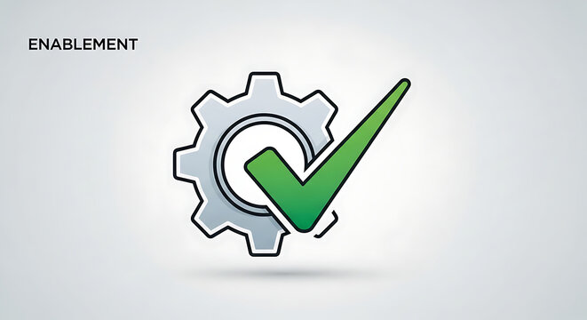 Enablement concept with gear and checkmark.