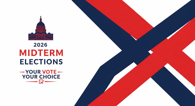 Graphic of US Capitol building with 2026 Midterm Elections text and abstract red/blue stripes, concept for political campaigns, civic engagement and voting awareness