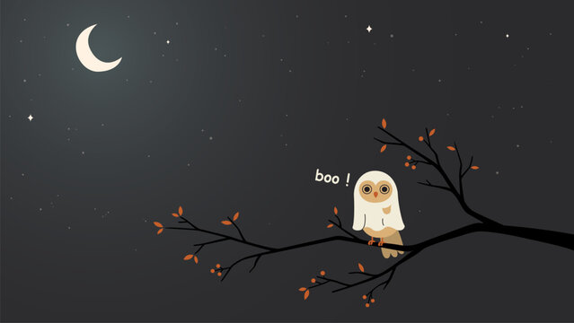 Cute owl in a ghost costume perches on a branch with night sky background have blank space.