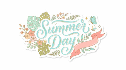 Naklejka premium Vibrant floral typography sticker with stylized text Summer Day in pastel colors and decorative leaves on white background, artistic whimsical design element