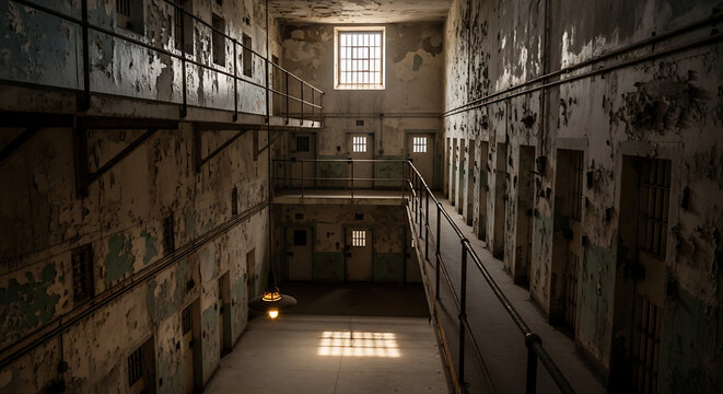 Abandoned prison interior with peeling walls.