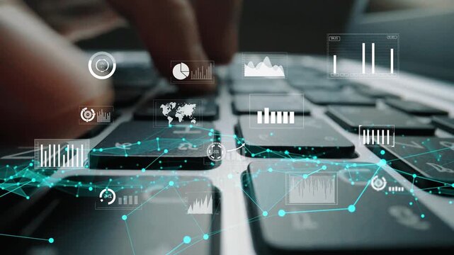A close-up view of a hand typing on a laptop keyboard, enhanced by floating data visualization graphics and analytical charts, symbolizing digital transformation and technology. Xenic