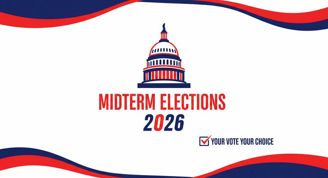 Stylized Capitol Building with "Midterm Elections 2026" text and "Your Vote Your Choice" slogan, ideal for political campaigns, government announcements and civic engagement graphics