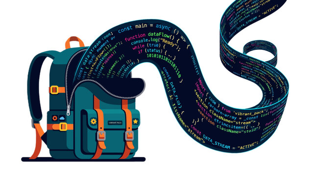 Digital Backpack Unveiling Flowing Code Stream for Education and Technology Concepts Education and back to school.