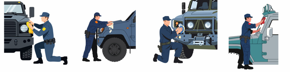Set of illustrations showing a police officer or security personnel cleaning and maintaining various tactical patrol vehicles and armored trucks. © Kadal