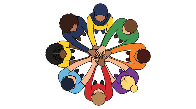 Diverse group of people in colorful shirts joining hands in a circle, symbolizing unity and teamwork from a top down view Education and back to school.