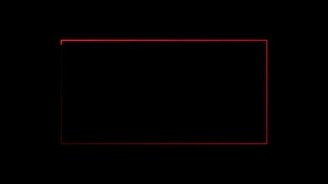 Minimal red glowing neon rectangle frame moving around black background footage.