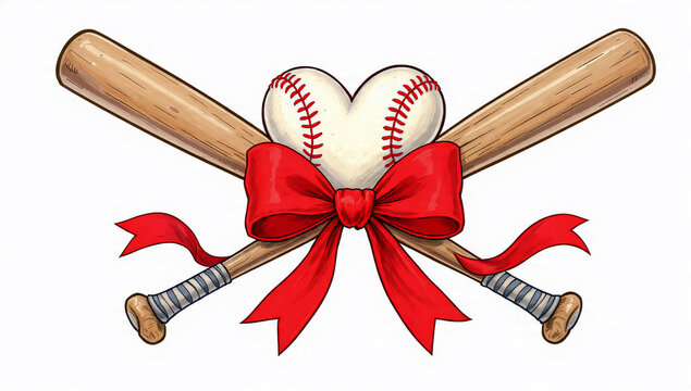 Crossed baseball bats with a heart-shaped baseball and red ribbon bow, illustration, concept for sports celebration, team spirit and gift ideas