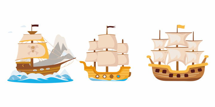 Three Cartoon Style Ships Depicted Against A White Background