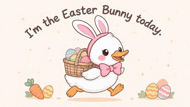 Cute cartoon duck with bunny ears and bow, carrying Easter eggs in basket, suitable for holiday cards, children's books and springtime promotions