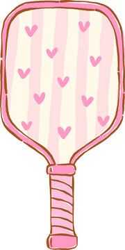 Girly Pink Pickleball Paddle with Hearts Hand Drawn Whimsical Sketchy Retro Vintage Sport