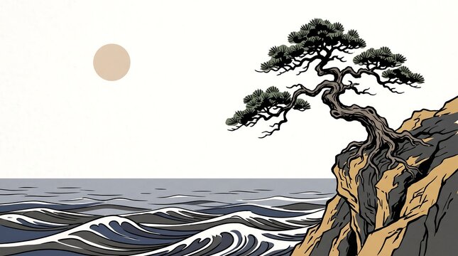 Ancient bonsai pine tree on a cliff overlooking ocean waves with a minimalist sun in oriental style