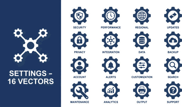 Blue gear settings icon set for technology system options configuration and web application control panel interface.