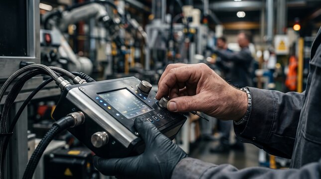 Skilled industrial worker hand operating modern machinery control panel in a busy manufacturing facility with soft lighting