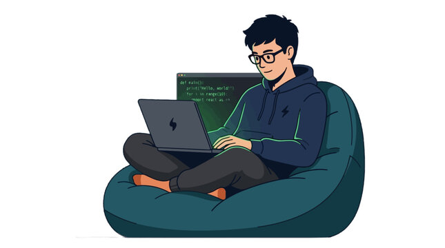 Young programmer coding on laptop while sitting on bean bag chair, Python code on screen Education and back to school.