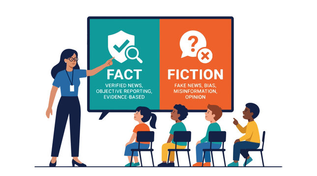 Teacher explains fact vs fiction to diverse group of children in classroom setting Education and back to school.