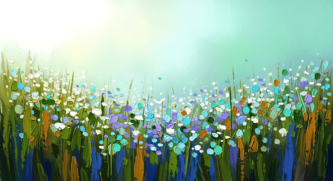 Abstract impressionist painting of wildflowers in blue and green tones with wildflowers painting abstract botanical colorful impressionism background creative landscape