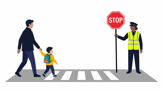 Father and son crossing street with crossing guard holding stop sign Education and back to school.